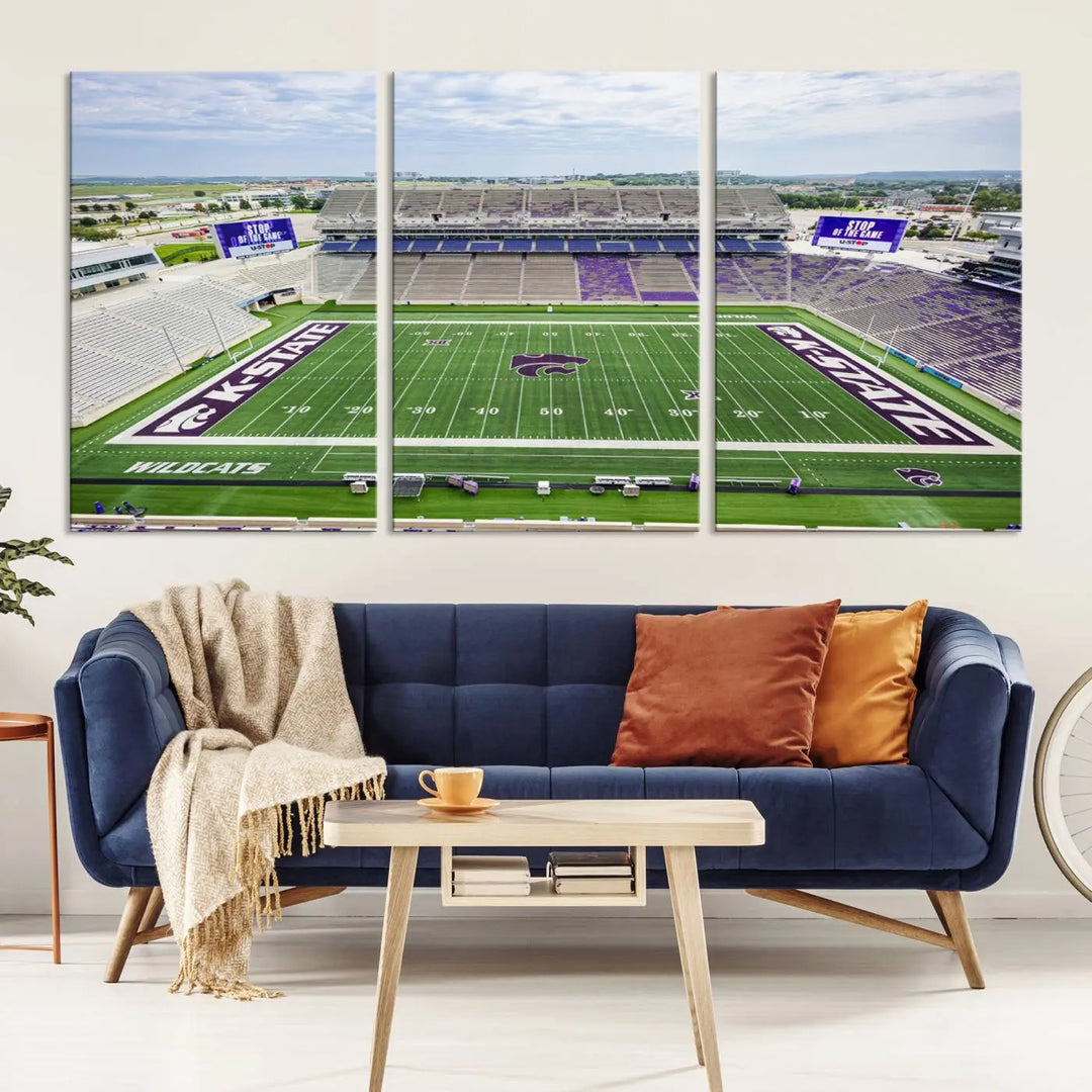 The KState Wildcats Football Team Print, featuring the Manhattan Bill Snyder Family Football Stadium on a premium canvas, is elegantly showcased in the modern room.