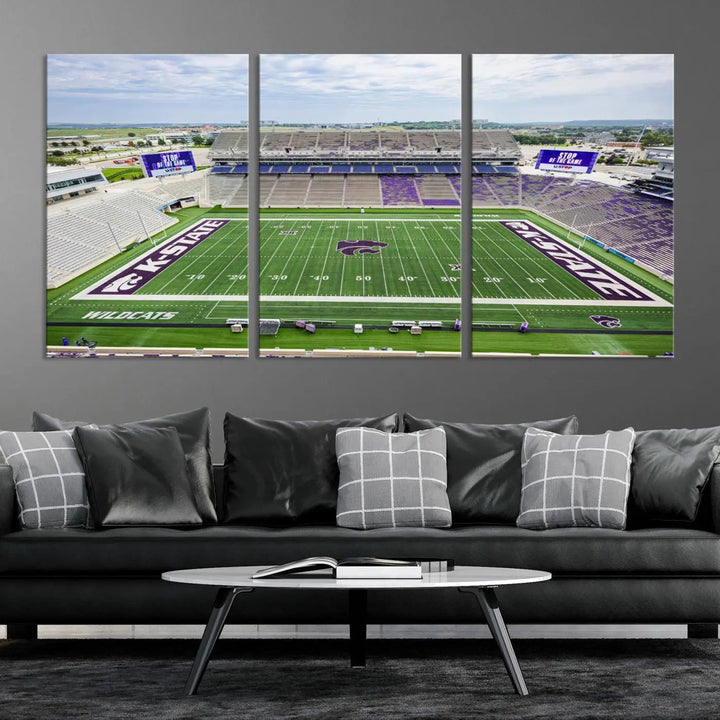 The KState Wildcats Football Team Print, featuring the Manhattan Bill Snyder Family Football Stadium on a premium canvas, is elegantly showcased in the modern room.