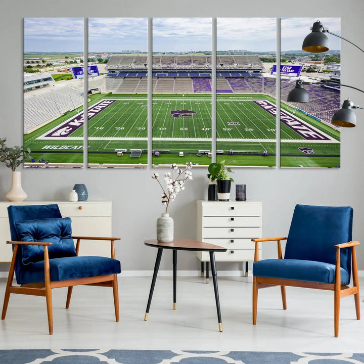 The KState Wildcats Football Team Print, featuring the Manhattan Bill Snyder Family Football Stadium on a premium canvas, is elegantly showcased in the modern room.