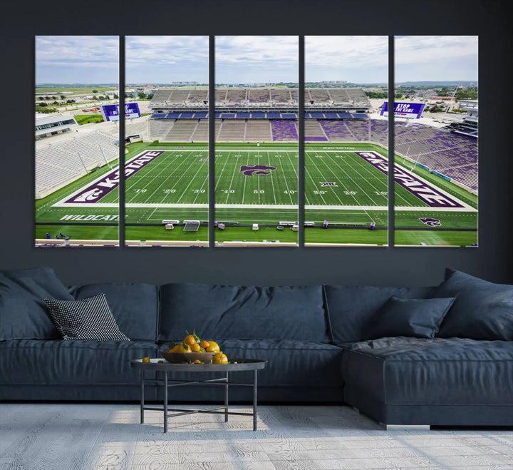 The KState Wildcats Football Team Print, featuring the Manhattan Bill Snyder Family Football Stadium on a premium canvas, is elegantly showcased in the modern room.