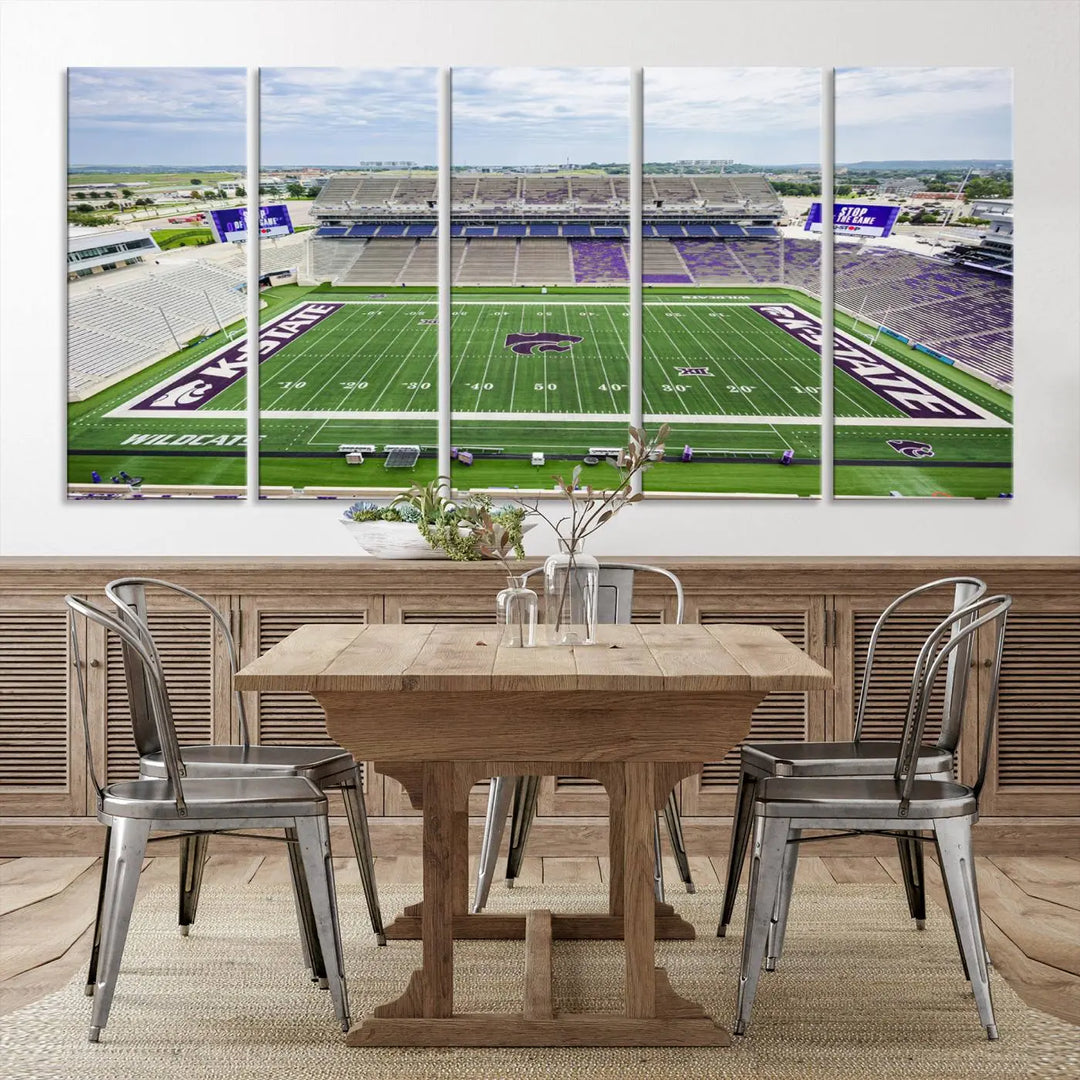 The KState Wildcats Football Team Print, featuring the Manhattan Bill Snyder Family Football Stadium on a premium canvas, is elegantly showcased in the modern room.