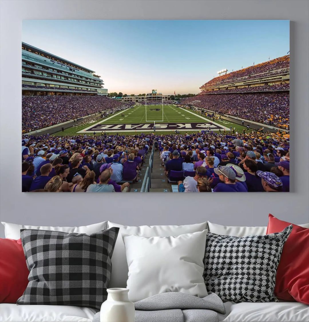 The Kansas State University Wildcats Football Team Print - Manhattan Bill Snyder Family Football Stadium Wall Art Canvas Print brings a lively depiction of a packed football stadium to life, offering a gallery-quality finish.