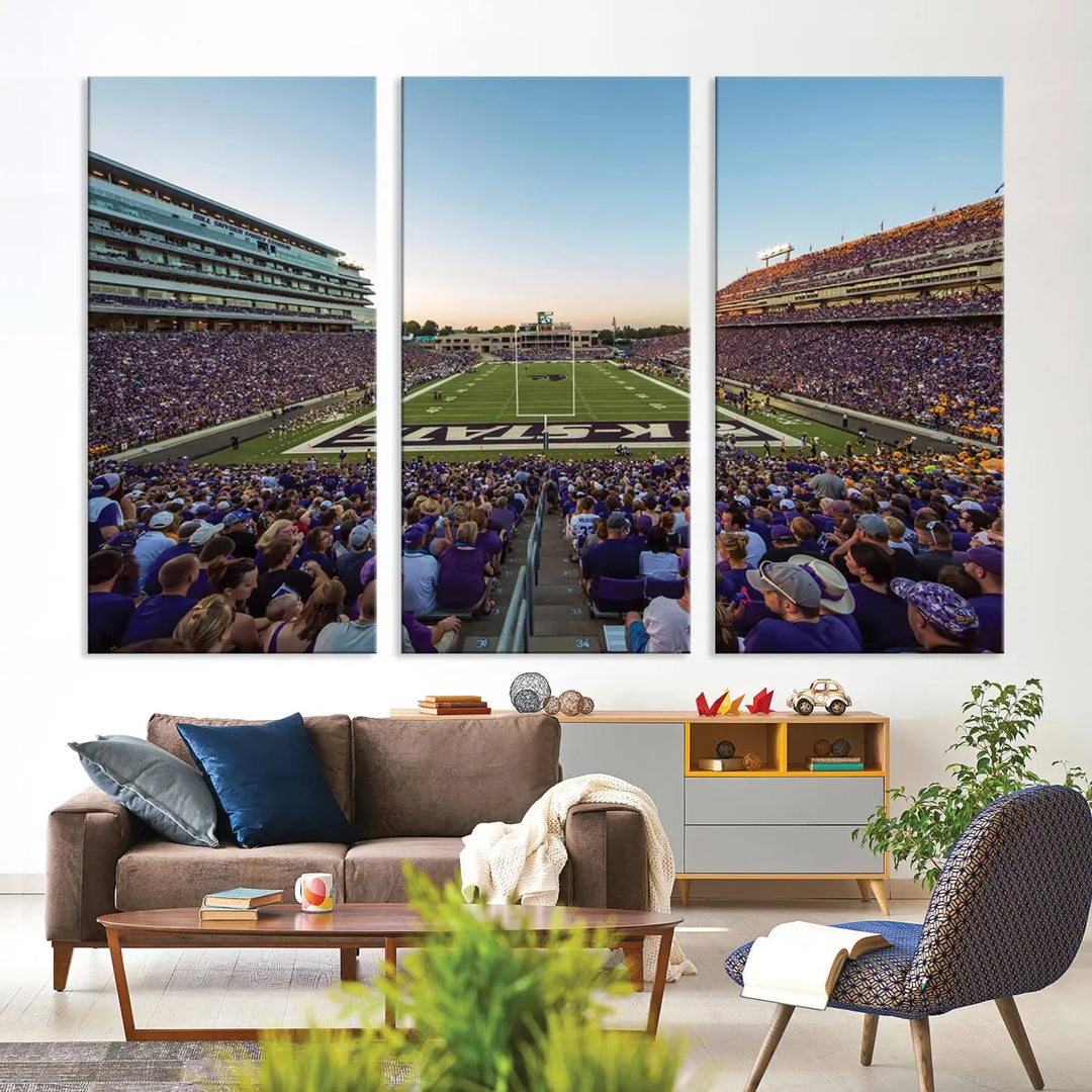 The Kansas State University Wildcats Football Team Print - Manhattan Bill Snyder Family Football Stadium Wall Art Canvas Print brings a lively depiction of a packed football stadium to life, offering a gallery-quality finish.