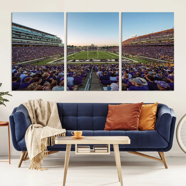 The Kansas State University Wildcats Football Team Print - Manhattan Bill Snyder Family Football Stadium Wall Art Canvas Print brings a lively depiction of a packed football stadium to life, offering a gallery-quality finish.