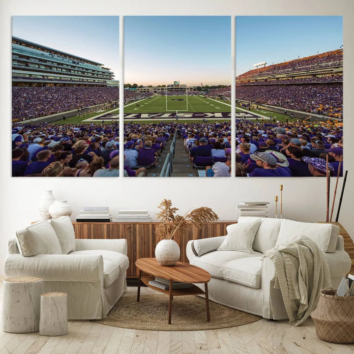 The Kansas State University Wildcats Football Team Print - Manhattan Bill Snyder Family Football Stadium Wall Art Canvas Print brings a lively depiction of a packed football stadium to life, offering a gallery-quality finish.