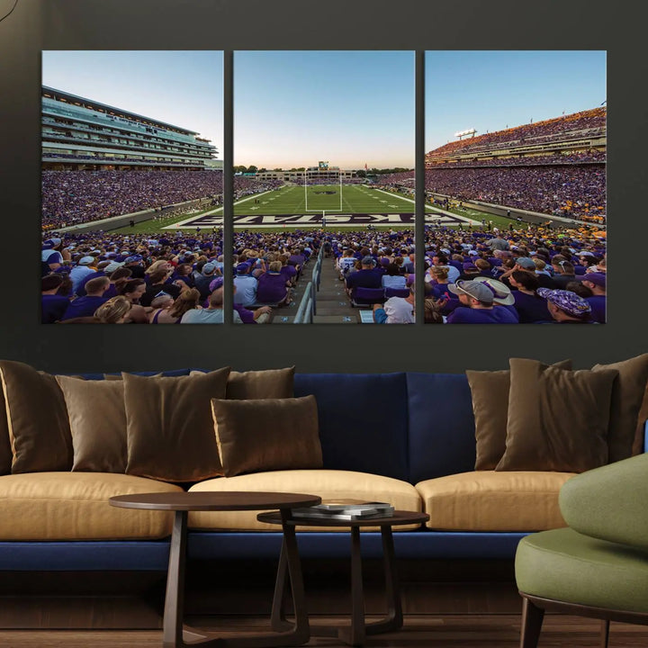 The Kansas State University Wildcats Football Team Print - Manhattan Bill Snyder Family Football Stadium Wall Art Canvas Print brings a lively depiction of a packed football stadium to life, offering a gallery-quality finish.