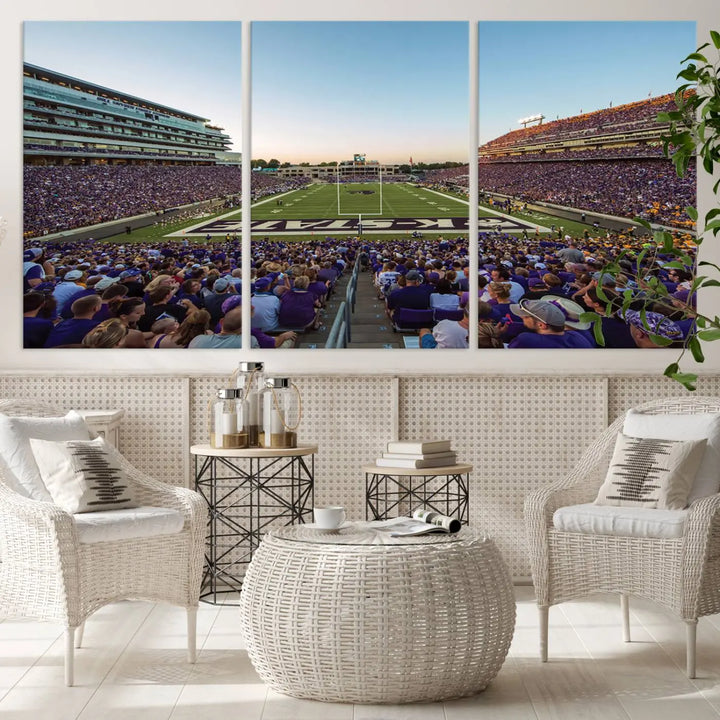 The Kansas State University Wildcats Football Team Print - Manhattan Bill Snyder Family Football Stadium Wall Art Canvas Print brings a lively depiction of a packed football stadium to life, offering a gallery-quality finish.