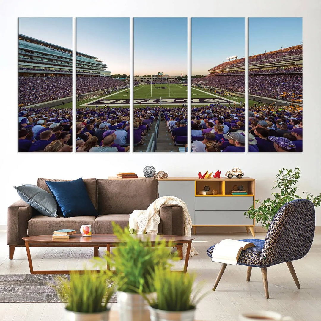 The Kansas State University Wildcats Football Team Print - Manhattan Bill Snyder Family Football Stadium Wall Art Canvas Print brings a lively depiction of a packed football stadium to life, offering a gallery-quality finish.