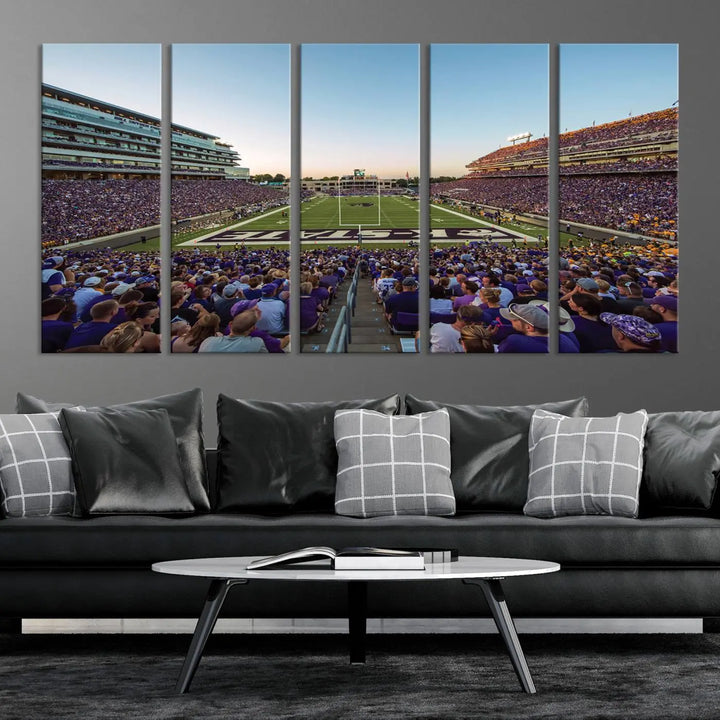 The Kansas State University Wildcats Football Team Print - Manhattan Bill Snyder Family Football Stadium Wall Art Canvas Print brings a lively depiction of a packed football stadium to life, offering a gallery-quality finish.