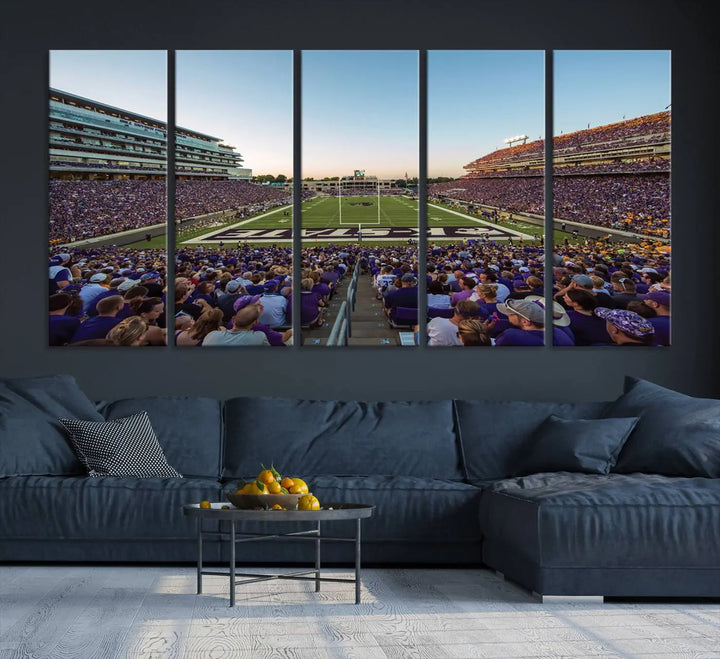 The Kansas State University Wildcats Football Team Print - Manhattan Bill Snyder Family Football Stadium Wall Art Canvas Print brings a lively depiction of a packed football stadium to life, offering a gallery-quality finish.