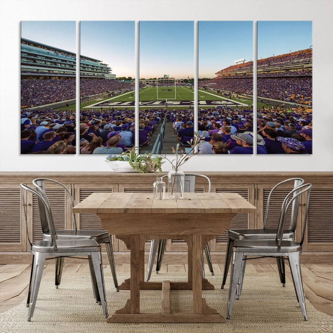 The Kansas State University Wildcats Football Team Print - Manhattan Bill Snyder Family Football Stadium Wall Art Canvas Print brings a lively depiction of a packed football stadium to life, offering a gallery-quality finish.