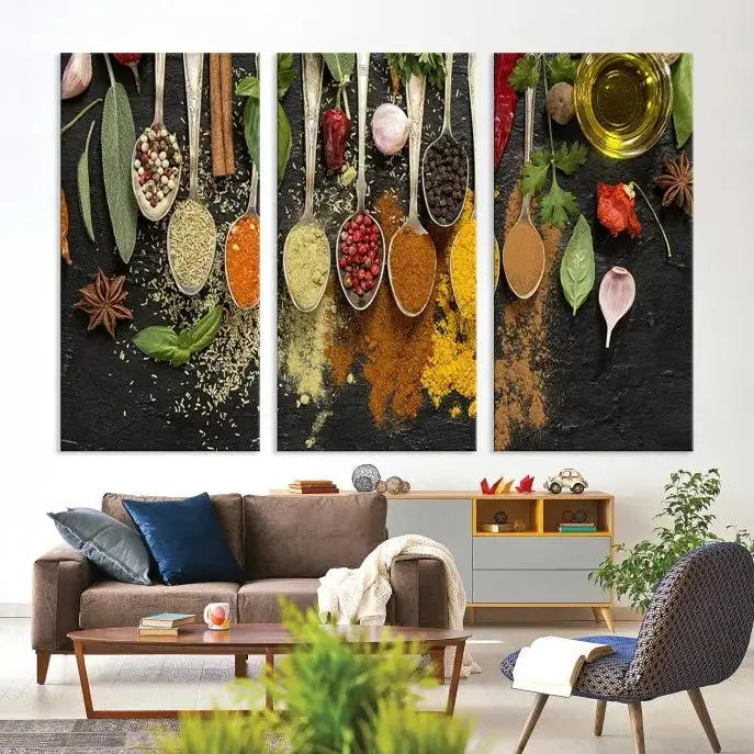 The Kitchen Spice Wall Art Canvas Print is a triptych set, gallery wrapped for sophistication, featuring various spices and herbs on spoons. Made with museum-quality polycotton and completed with a UV-protective coating, it ensures enduring vibrancy and allure.