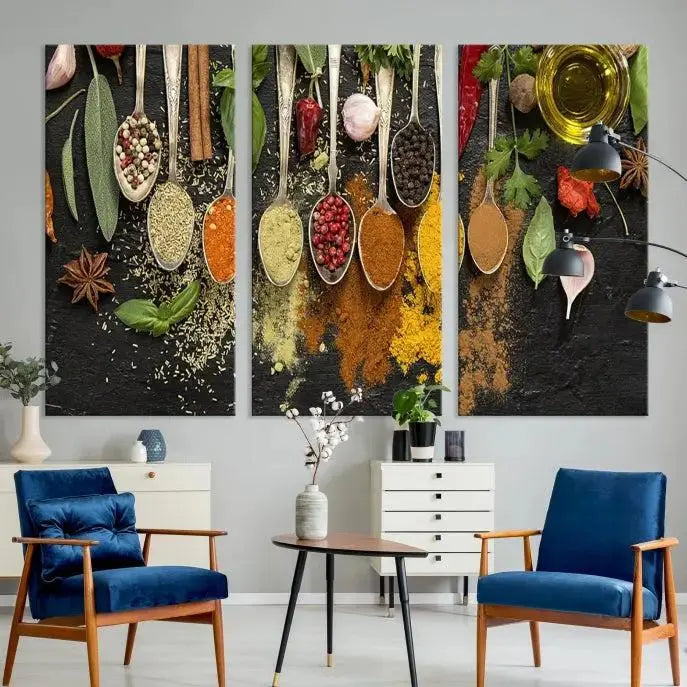 The Kitchen Spice Wall Art Canvas Print is a triptych set, gallery wrapped for sophistication, featuring various spices and herbs on spoons. Made with museum-quality polycotton and completed with a UV-protective coating, it ensures enduring vibrancy and allure.