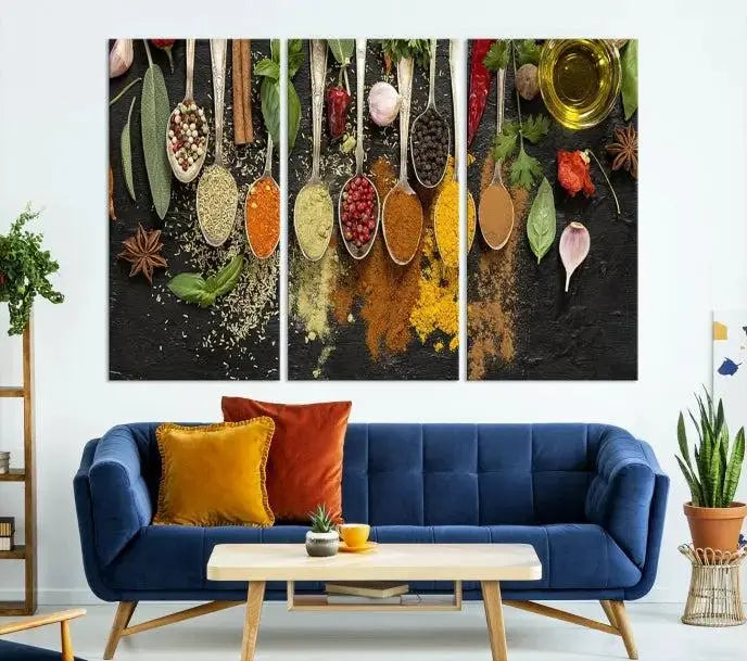 The Kitchen Spice Wall Art Canvas Print is a triptych set, gallery wrapped for sophistication, featuring various spices and herbs on spoons. Made with museum-quality polycotton and completed with a UV-protective coating, it ensures enduring vibrancy and allure.