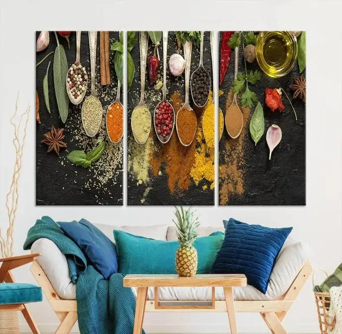 The Kitchen Spice Wall Art Canvas Print is a triptych set, gallery wrapped for sophistication, featuring various spices and herbs on spoons. Made with museum-quality polycotton and completed with a UV-protective coating, it ensures enduring vibrancy and allure.