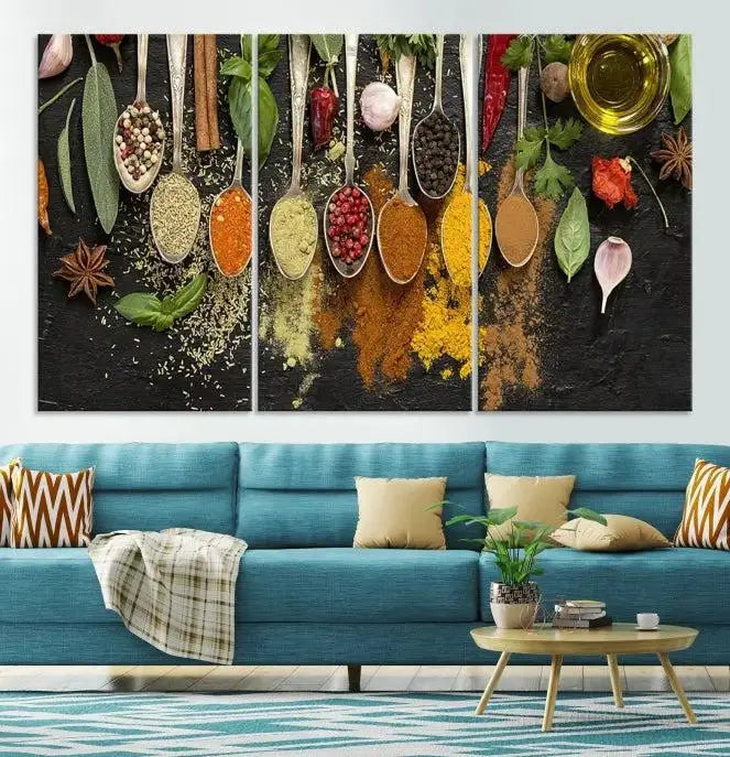 The Kitchen Spice Wall Art Canvas Print is a triptych set, gallery wrapped for sophistication, featuring various spices and herbs on spoons. Made with museum-quality polycotton and completed with a UV-protective coating, it ensures enduring vibrancy and allure.