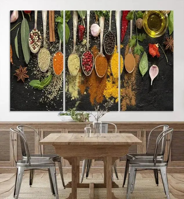 The Kitchen Spice Wall Art Canvas Print is a triptych set, gallery wrapped for sophistication, featuring various spices and herbs on spoons. Made with museum-quality polycotton and completed with a UV-protective coating, it ensures enduring vibrancy and allure.