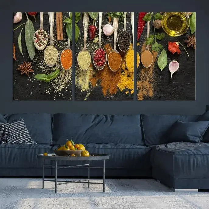 The Kitchen Spice Wall Art Canvas Print is a triptych set, gallery wrapped for sophistication, featuring various spices and herbs on spoons. Made with museum-quality polycotton and completed with a UV-protective coating, it ensures enduring vibrancy and allure.