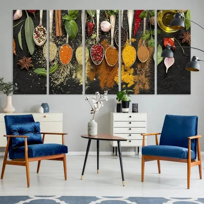 The Kitchen Spice Wall Art Canvas Print is a triptych set, gallery wrapped for sophistication, featuring various spices and herbs on spoons. Made with museum-quality polycotton and completed with a UV-protective coating, it ensures enduring vibrancy and allure.