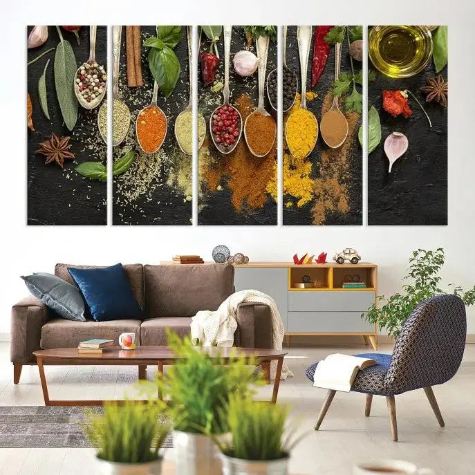 The Kitchen Spice Wall Art Canvas Print is a triptych set, gallery wrapped for sophistication, featuring various spices and herbs on spoons. Made with museum-quality polycotton and completed with a UV-protective coating, it ensures enduring vibrancy and allure.