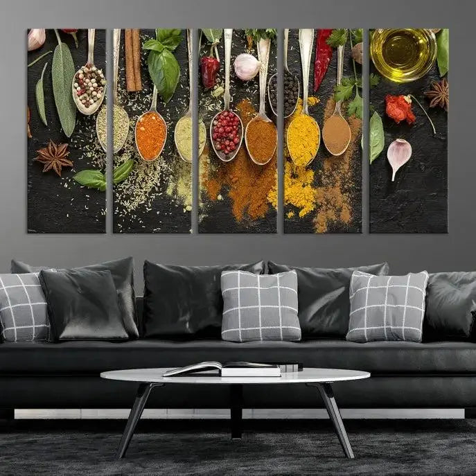 The Kitchen Spice Wall Art Canvas Print is a triptych set, gallery wrapped for sophistication, featuring various spices and herbs on spoons. Made with museum-quality polycotton and completed with a UV-protective coating, it ensures enduring vibrancy and allure.