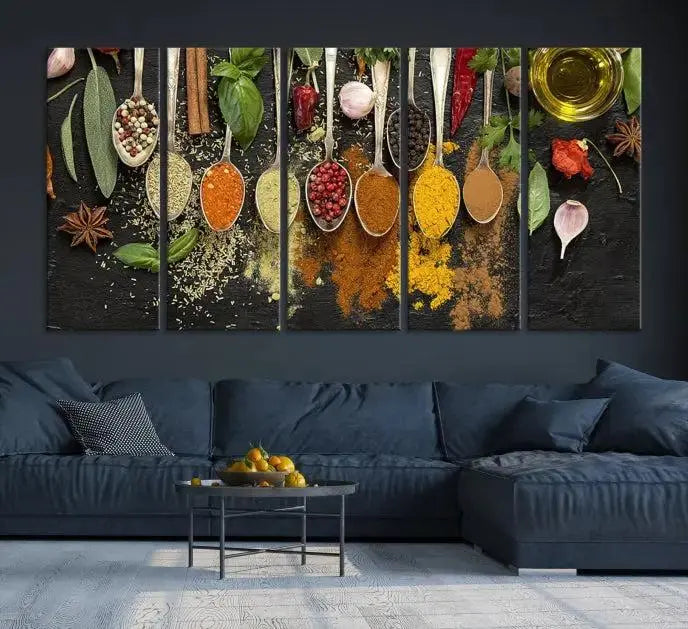 The Kitchen Spice Wall Art Canvas Print is a triptych set, gallery wrapped for sophistication, featuring various spices and herbs on spoons. Made with museum-quality polycotton and completed with a UV-protective coating, it ensures enduring vibrancy and allure.