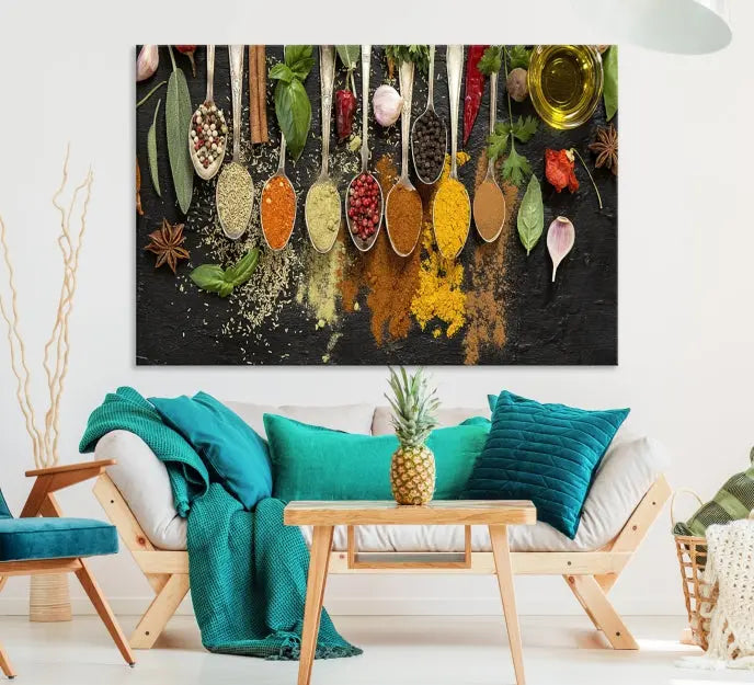 The Kitchen Spice Wall Art Canvas Print is a triptych set, gallery wrapped for sophistication, featuring various spices and herbs on spoons. Made with museum-quality polycotton and completed with a UV-protective coating, it ensures enduring vibrancy and allure.