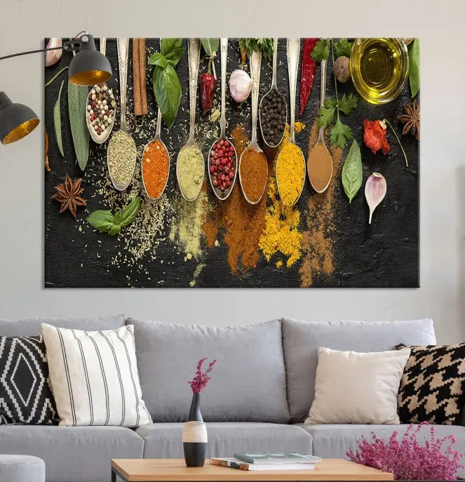 The Kitchen Spice Wall Art Canvas Print is a triptych set, gallery wrapped for sophistication, featuring various spices and herbs on spoons. Made with museum-quality polycotton and completed with a UV-protective coating, it ensures enduring vibrancy and allure.