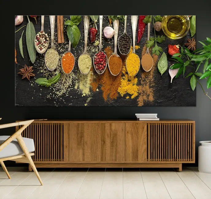 The Kitchen Spice Wall Art Canvas Print is a triptych set, gallery wrapped for sophistication, featuring various spices and herbs on spoons. Made with museum-quality polycotton and completed with a UV-protective coating, it ensures enduring vibrancy and allure.