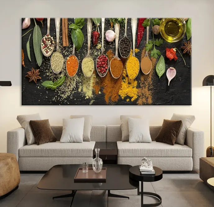 The Kitchen Spice Wall Art Canvas Print is a triptych set, gallery wrapped for sophistication, featuring various spices and herbs on spoons. Made with museum-quality polycotton and completed with a UV-protective coating, it ensures enduring vibrancy and allure.