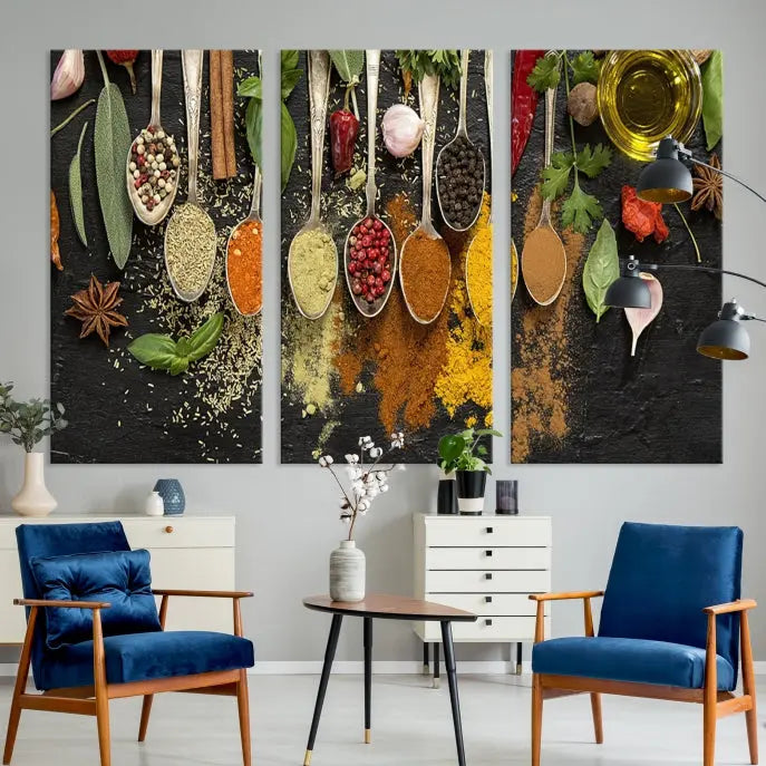 The Kitchen Spice Wall Art Canvas Print is a triptych set, gallery wrapped for sophistication, featuring various spices and herbs on spoons. Made with museum-quality polycotton and completed with a UV-protective coating, it ensures enduring vibrancy and allure.