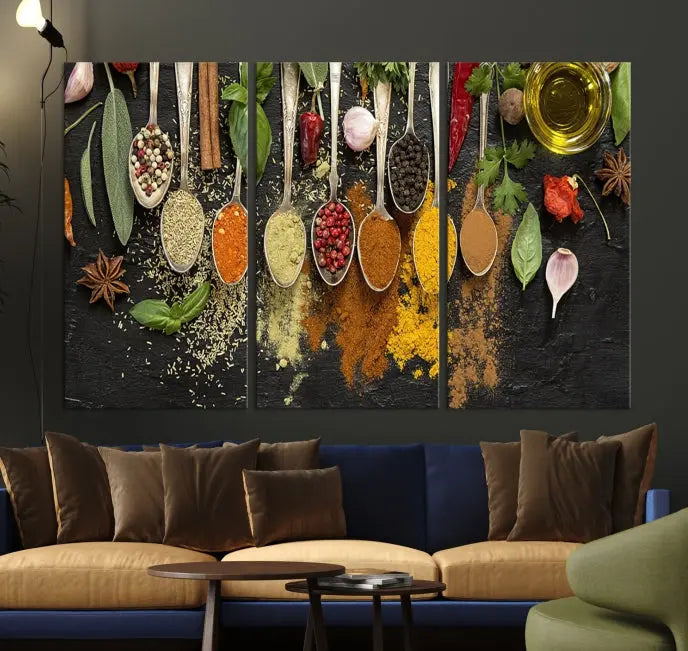 The Kitchen Spice Wall Art Canvas Print is a triptych set, gallery wrapped for sophistication, featuring various spices and herbs on spoons. Made with museum-quality polycotton and completed with a UV-protective coating, it ensures enduring vibrancy and allure.