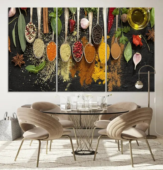 The Kitchen Spice Wall Art Canvas Print is a triptych set, gallery wrapped for sophistication, featuring various spices and herbs on spoons. Made with museum-quality polycotton and completed with a UV-protective coating, it ensures enduring vibrancy and allure.