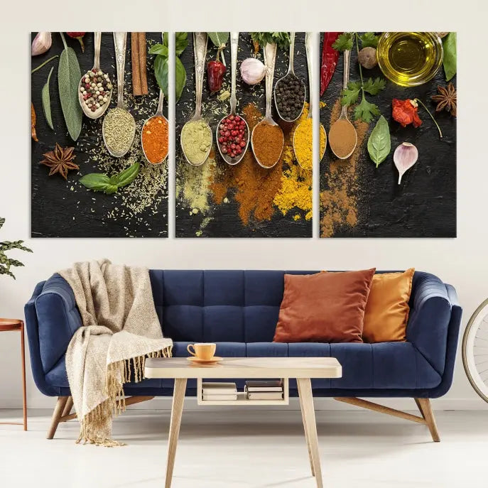 The Kitchen Spice Wall Art Canvas Print is a triptych set, gallery wrapped for sophistication, featuring various spices and herbs on spoons. Made with museum-quality polycotton and completed with a UV-protective coating, it ensures enduring vibrancy and allure.