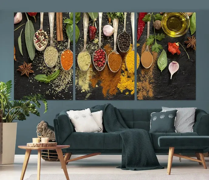 The Kitchen Spice Wall Art Canvas Print is a triptych set, gallery wrapped for sophistication, featuring various spices and herbs on spoons. Made with museum-quality polycotton and completed with a UV-protective coating, it ensures enduring vibrancy and allure.