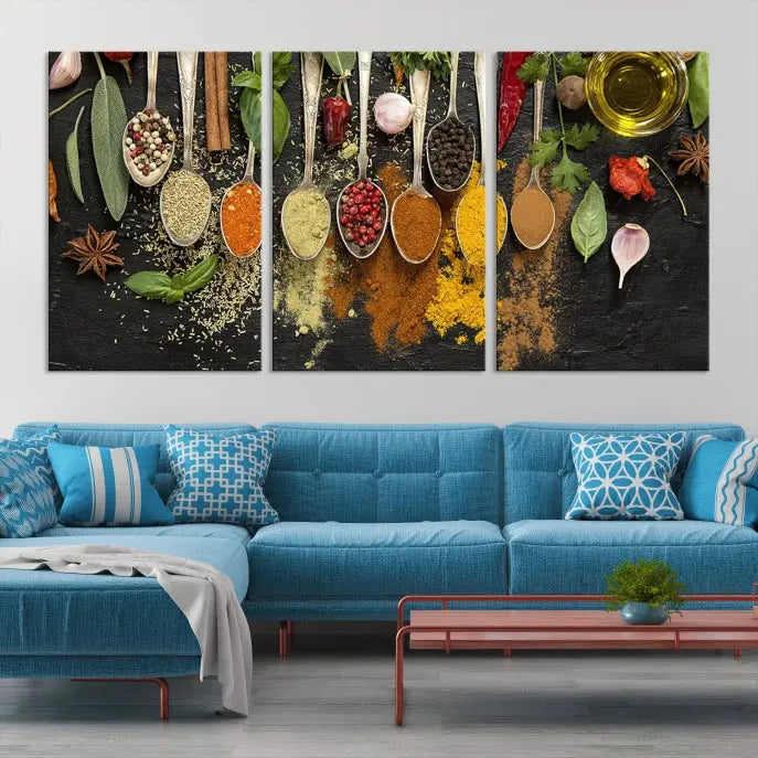 The Kitchen Spice Wall Art Canvas Print is a triptych set, gallery wrapped for sophistication, featuring various spices and herbs on spoons. Made with museum-quality polycotton and completed with a UV-protective coating, it ensures enduring vibrancy and allure.