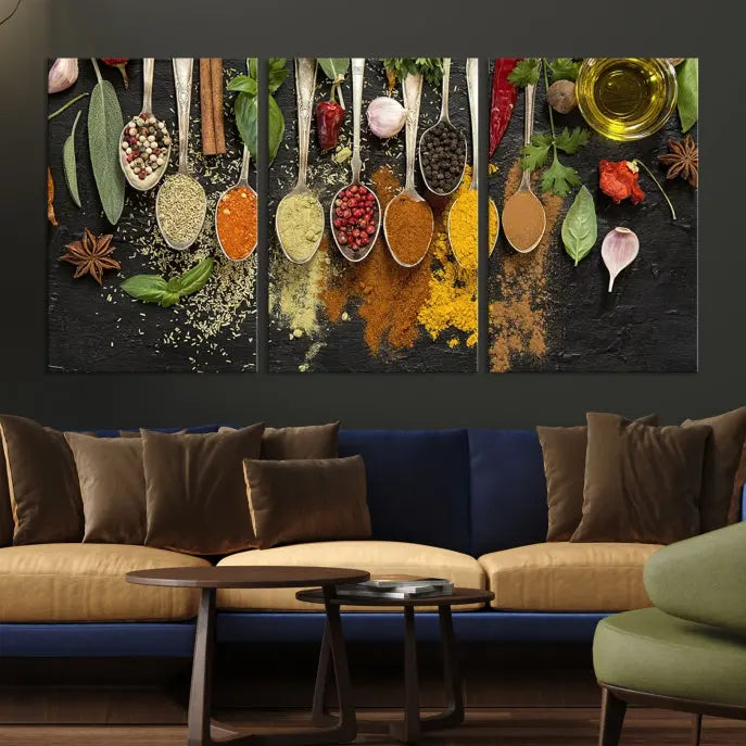 The Kitchen Spice Wall Art Canvas Print is a triptych set, gallery wrapped for sophistication, featuring various spices and herbs on spoons. Made with museum-quality polycotton and completed with a UV-protective coating, it ensures enduring vibrancy and allure.