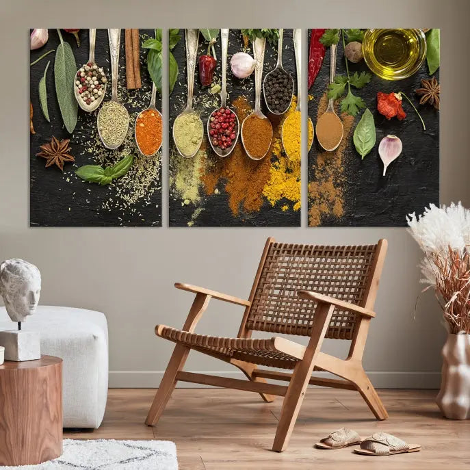 The Kitchen Spice Wall Art Canvas Print is a triptych set, gallery wrapped for sophistication, featuring various spices and herbs on spoons. Made with museum-quality polycotton and completed with a UV-protective coating, it ensures enduring vibrancy and allure.