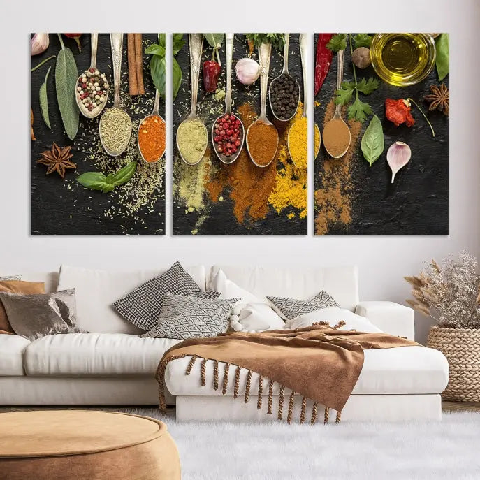 The Kitchen Spice Wall Art Canvas Print is a triptych set, gallery wrapped for sophistication, featuring various spices and herbs on spoons. Made with museum-quality polycotton and completed with a UV-protective coating, it ensures enduring vibrancy and allure.