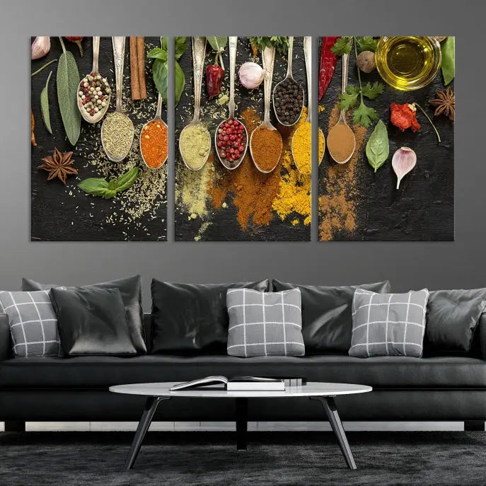 The Kitchen Spice Wall Art Canvas Print is a triptych set, gallery wrapped for sophistication, featuring various spices and herbs on spoons. Made with museum-quality polycotton and completed with a UV-protective coating, it ensures enduring vibrancy and allure.