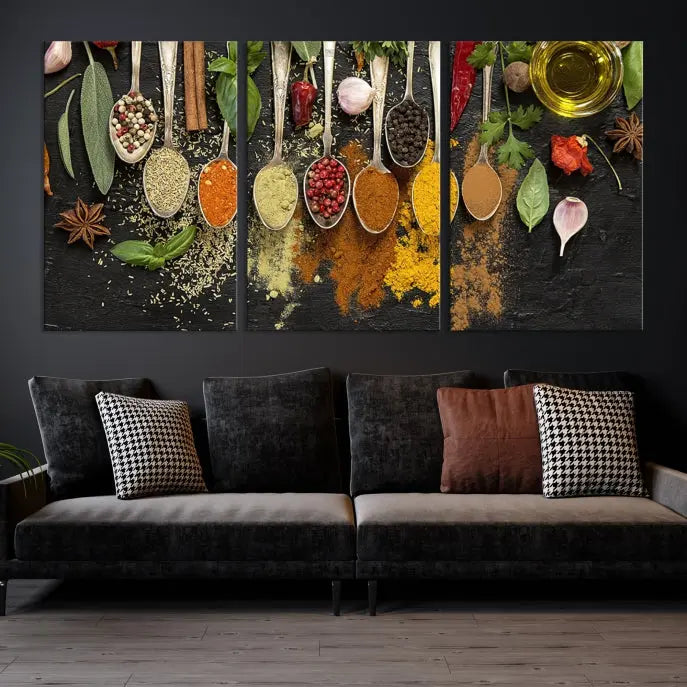 The Kitchen Spice Wall Art Canvas Print is a triptych set, gallery wrapped for sophistication, featuring various spices and herbs on spoons. Made with museum-quality polycotton and completed with a UV-protective coating, it ensures enduring vibrancy and allure.