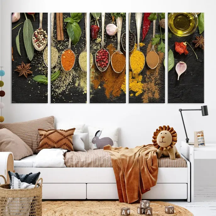 The Kitchen Spice Wall Art Canvas Print is a triptych set, gallery wrapped for sophistication, featuring various spices and herbs on spoons. Made with museum-quality polycotton and completed with a UV-protective coating, it ensures enduring vibrancy and allure.