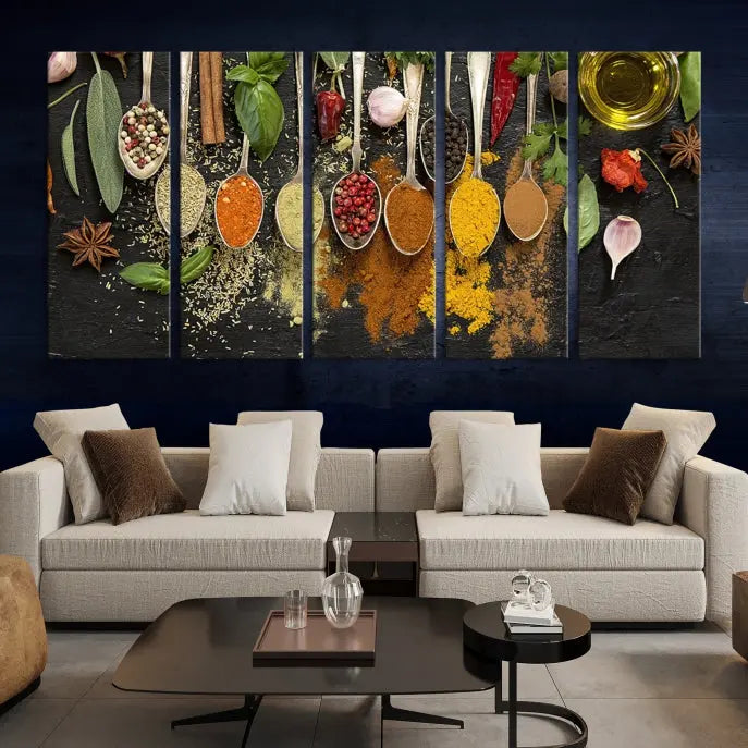 The Kitchen Spice Wall Art Canvas Print is a triptych set, gallery wrapped for sophistication, featuring various spices and herbs on spoons. Made with museum-quality polycotton and completed with a UV-protective coating, it ensures enduring vibrancy and allure.