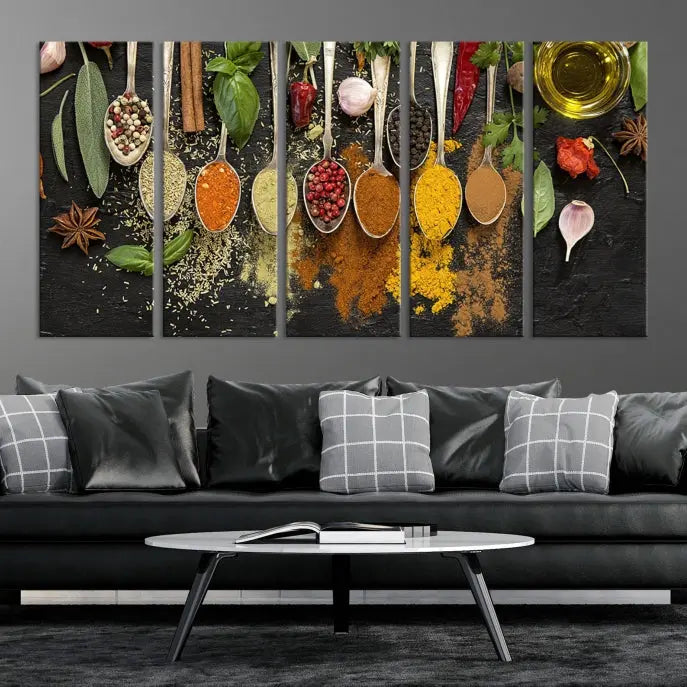 The Kitchen Spice Wall Art Canvas Print is a triptych set, gallery wrapped for sophistication, featuring various spices and herbs on spoons. Made with museum-quality polycotton and completed with a UV-protective coating, it ensures enduring vibrancy and allure.