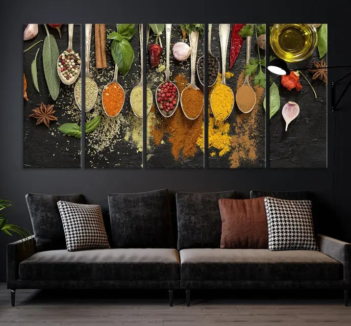 The Kitchen Spice Wall Art Canvas Print is a triptych set, gallery wrapped for sophistication, featuring various spices and herbs on spoons. Made with museum-quality polycotton and completed with a UV-protective coating, it ensures enduring vibrancy and allure.