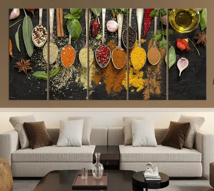 The Kitchen Spice Wall Art Canvas Print is a triptych set, gallery wrapped for sophistication, featuring various spices and herbs on spoons. Made with museum-quality polycotton and completed with a UV-protective coating, it ensures enduring vibrancy and allure.