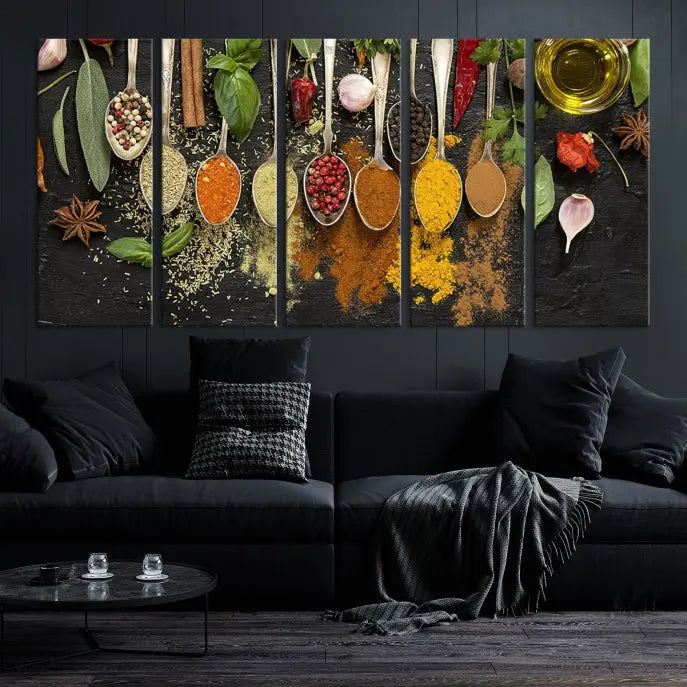 The Kitchen Spice Wall Art Canvas Print is a triptych set, gallery wrapped for sophistication, featuring various spices and herbs on spoons. Made with museum-quality polycotton and completed with a UV-protective coating, it ensures enduring vibrancy and allure.