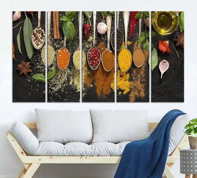 The Kitchen Spice Wall Art Canvas Print is a triptych set, gallery wrapped for sophistication, featuring various spices and herbs on spoons. Made with museum-quality polycotton and completed with a UV-protective coating, it ensures enduring vibrancy and allure.