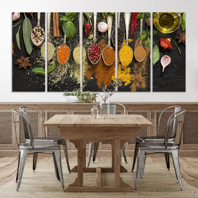 The Kitchen Spice Wall Art Canvas Print is a triptych set, gallery wrapped for sophistication, featuring various spices and herbs on spoons. Made with museum-quality polycotton and completed with a UV-protective coating, it ensures enduring vibrancy and allure.