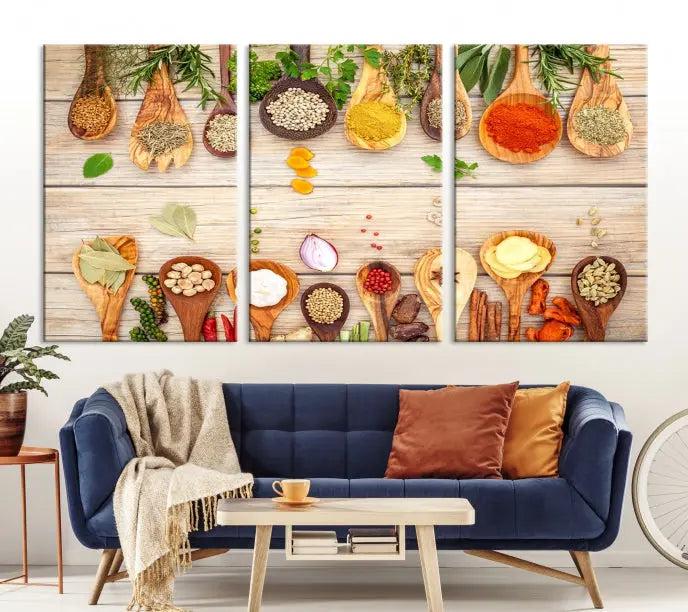 The Kitchen Spice on the Table Wall Art Canvas Print features a triptych of wooden spoons with an array of spices and herbs, artfully presented on a wooden background. Printed on museum-quality canvas, it guarantees lasting elegance and durability.